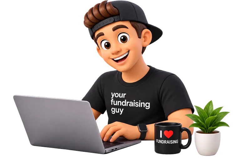 Your Fundraising Guy at his laptop mid-conversation, with an "I love fundraising" mug beside him
