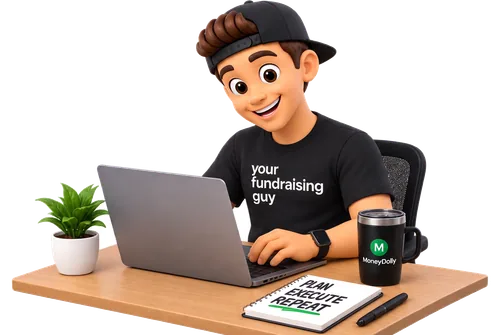 Your Fundraising Guy working at a desk on a laptop, with a MoneyDolly tumbler and a notepad reading "plan, execute, repeat"