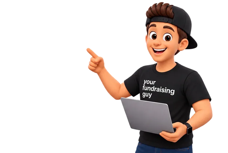 Your Fundraising Guy holding a laptop and pointing toward the heading