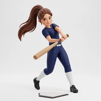 A softball player driving the ball into the outfield